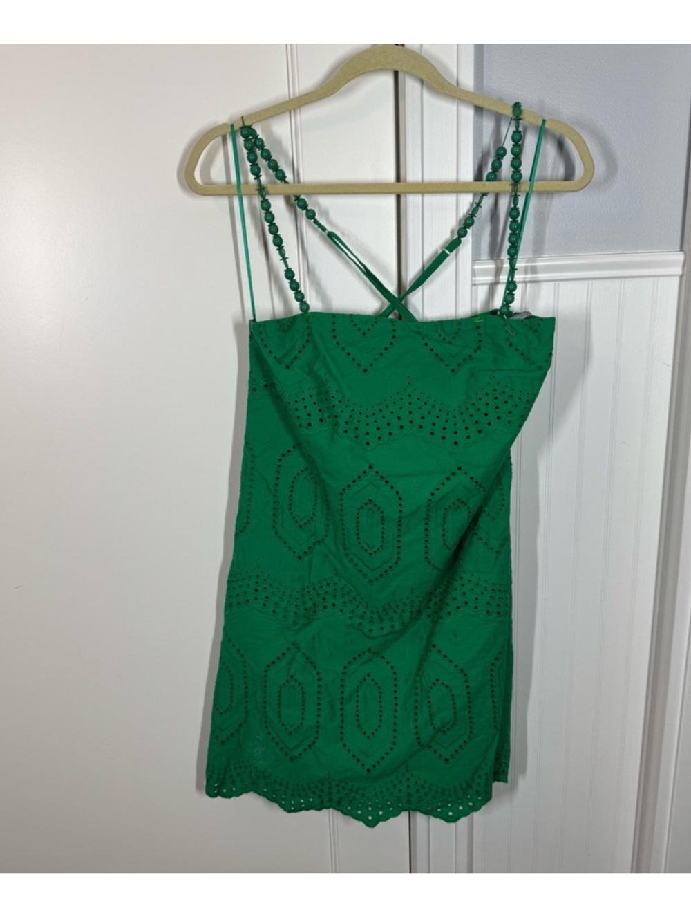 Green Eyelet Mini Dress with Beaded Straps